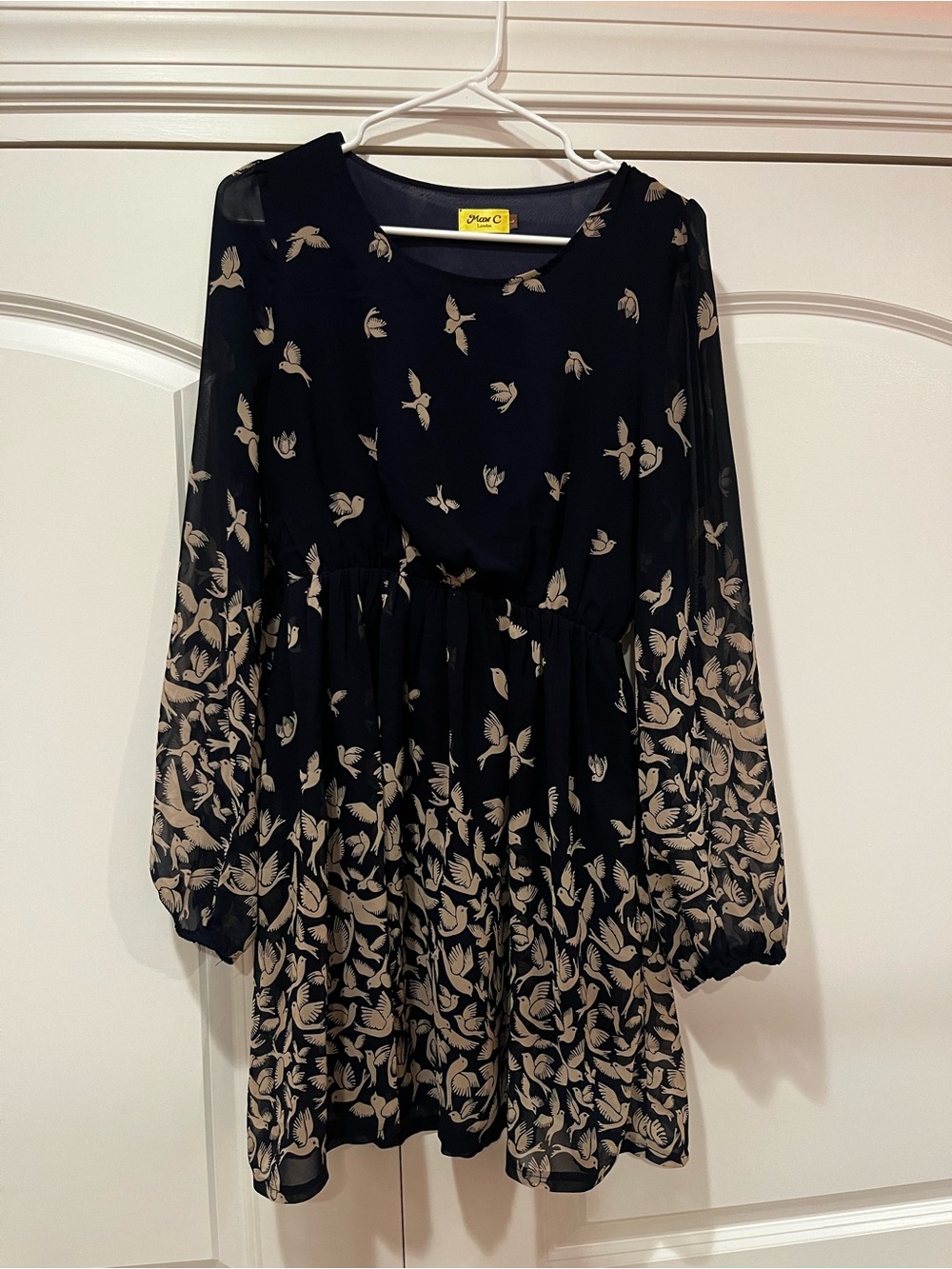 Navy Blue Long-Sleeve Tiered Mini Dress with Birds